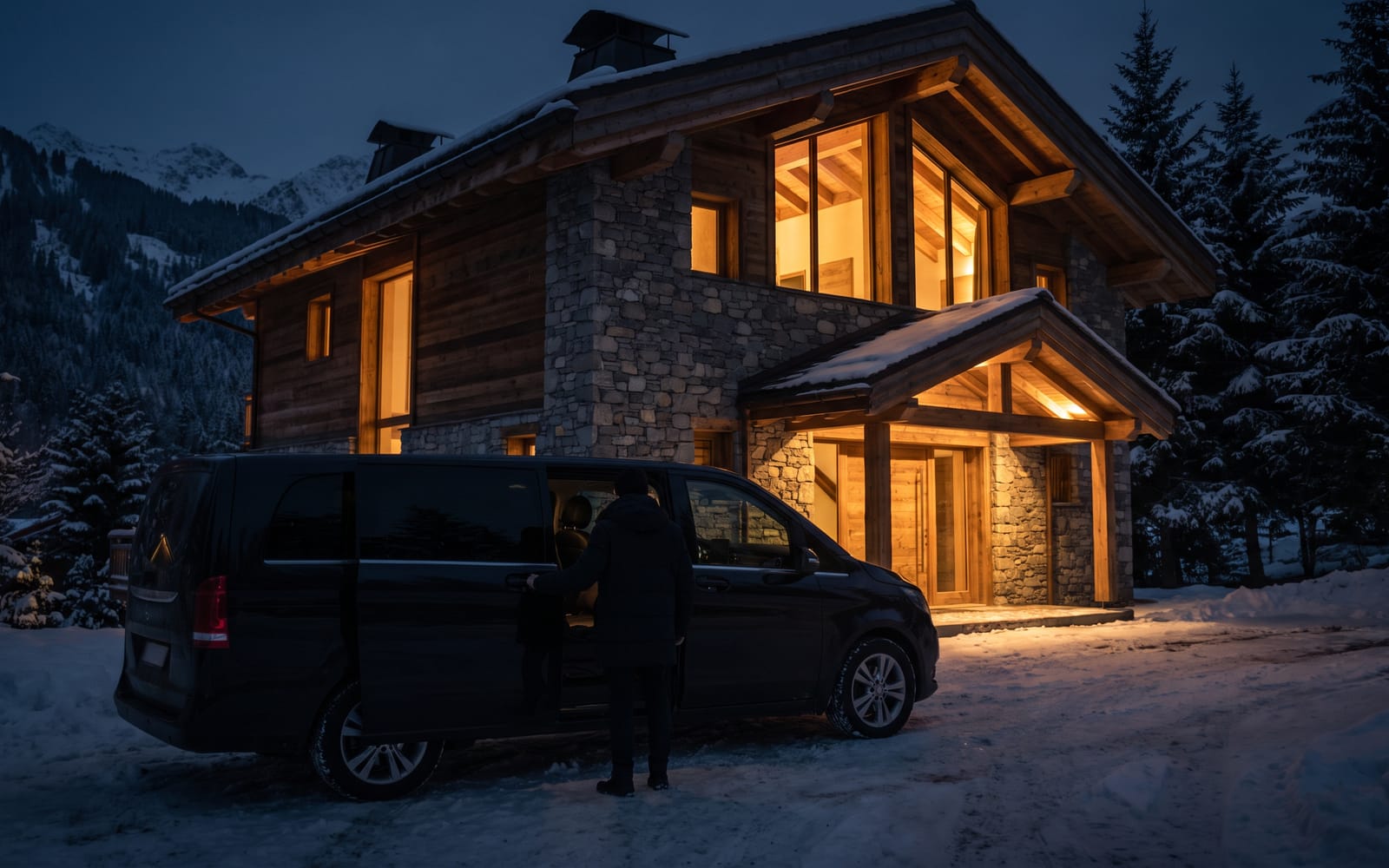 High-capacity vehicle at a standstill outside an alpine hotel at nightfall