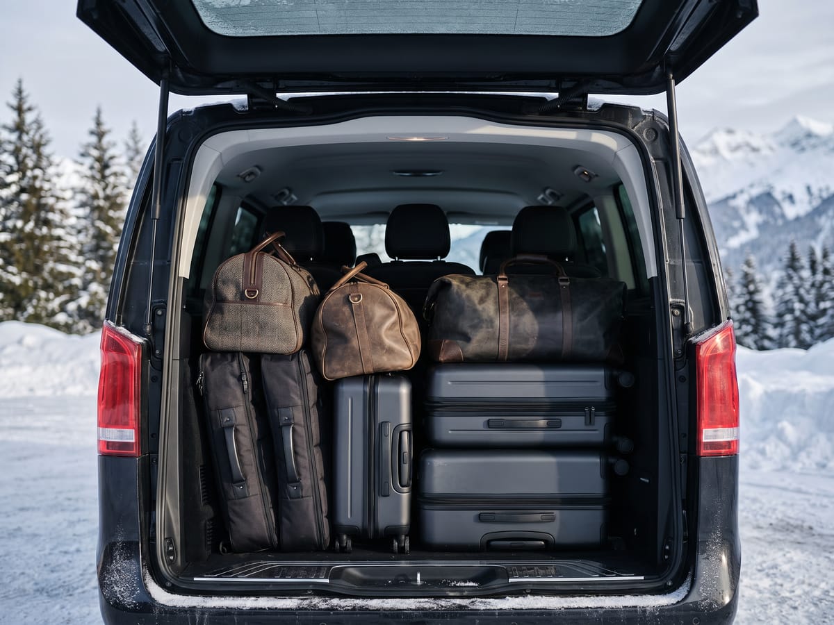 Open luggage bay, suitcases and ski bags in order
